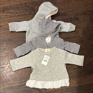 Set of 3 - Brand New Infant  Grey Hoodies and Ruffle Top
